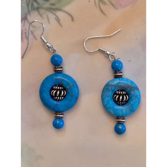Howlite Sleeping Beauty Sky Blue & Silver Beaded Dangle Earrings With Hook Back - Picture 2 of 4